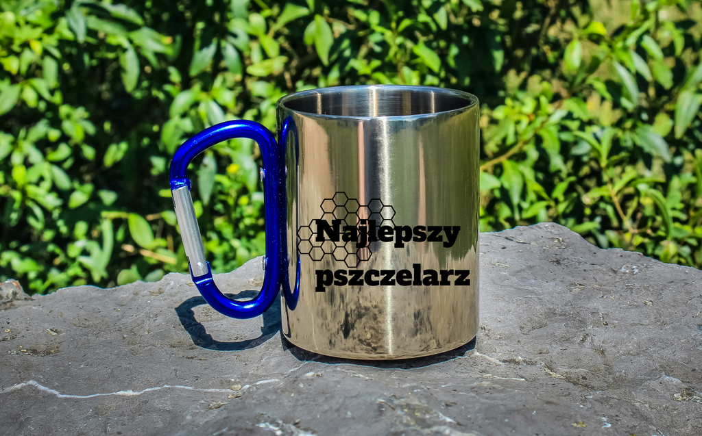 Kubek z niebieskim uchem karabińczykiem z nadrukiem "Najlepszy pszczelarz" #4