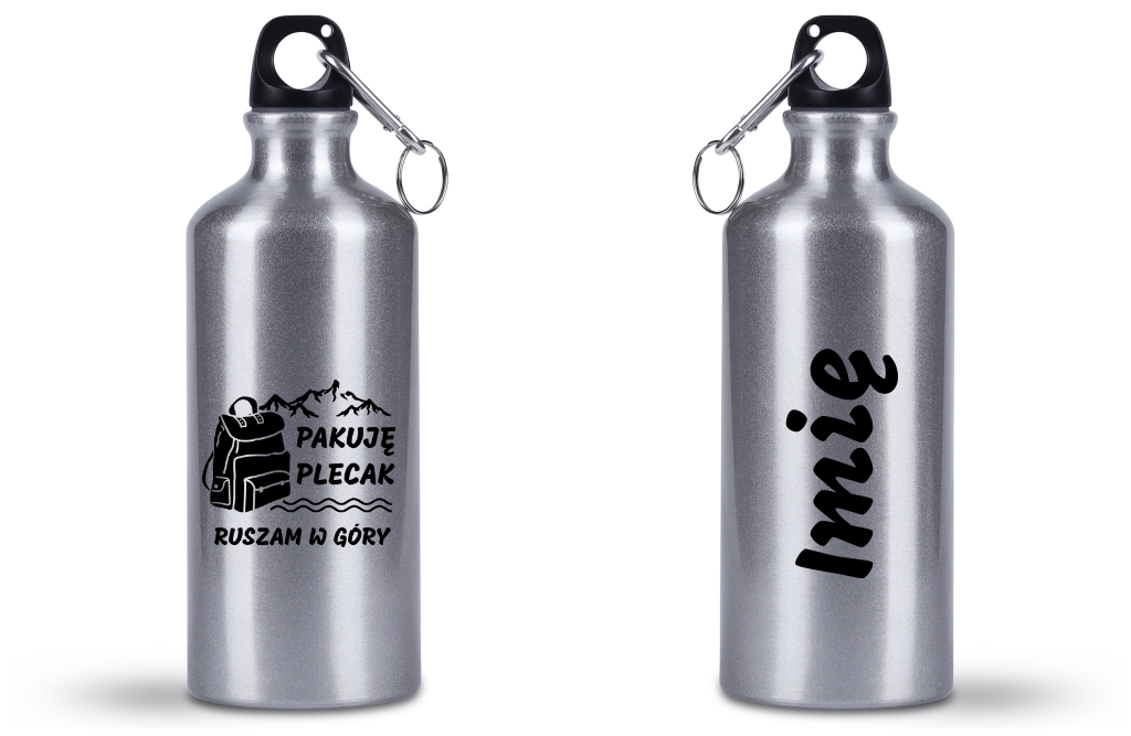Bidon srebrny 500 ml z nadrukiem "Pakuję plecak, ruszam po przygodę" - przyroda, przygoda #2