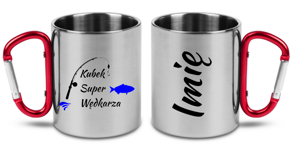 Kubek z czerwonym karabińczykiem i nadrukiem "Kubek Super Wędkarza" - wędkarstwo #1