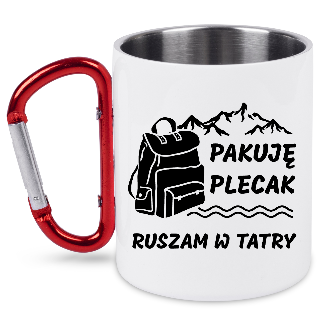Kubek biały z czerwonym karabińczykiem, nadruki „Pakuję plecak, ruszam w Tatry” – Zakopane, Podhale #1