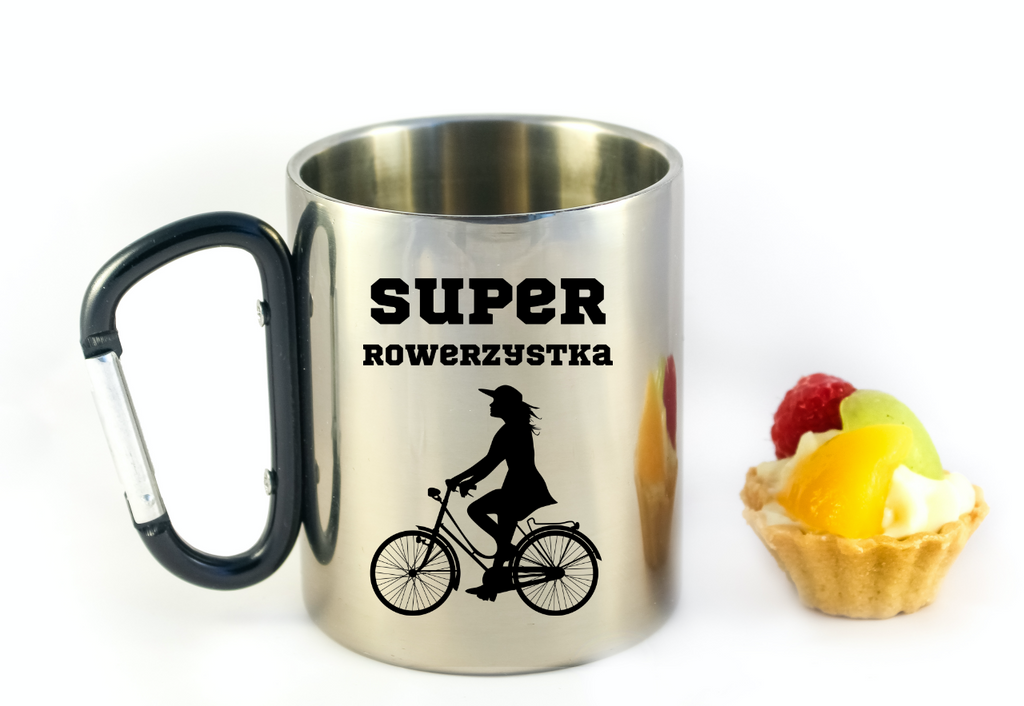Kubek z czarnym karabińczykiem, nadrukiem „Super Rowerzystka” – dla rowerzystki #6