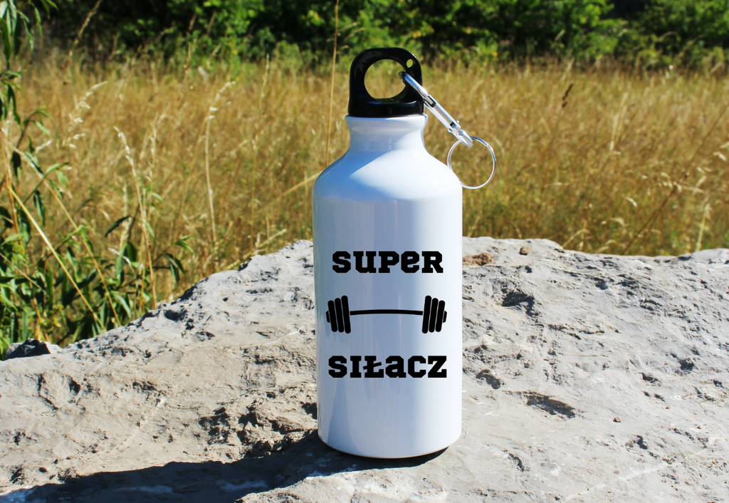 Bidon biały 400 ml na siłownię z nadrukiem „Super Siłacz” – siłownia #3