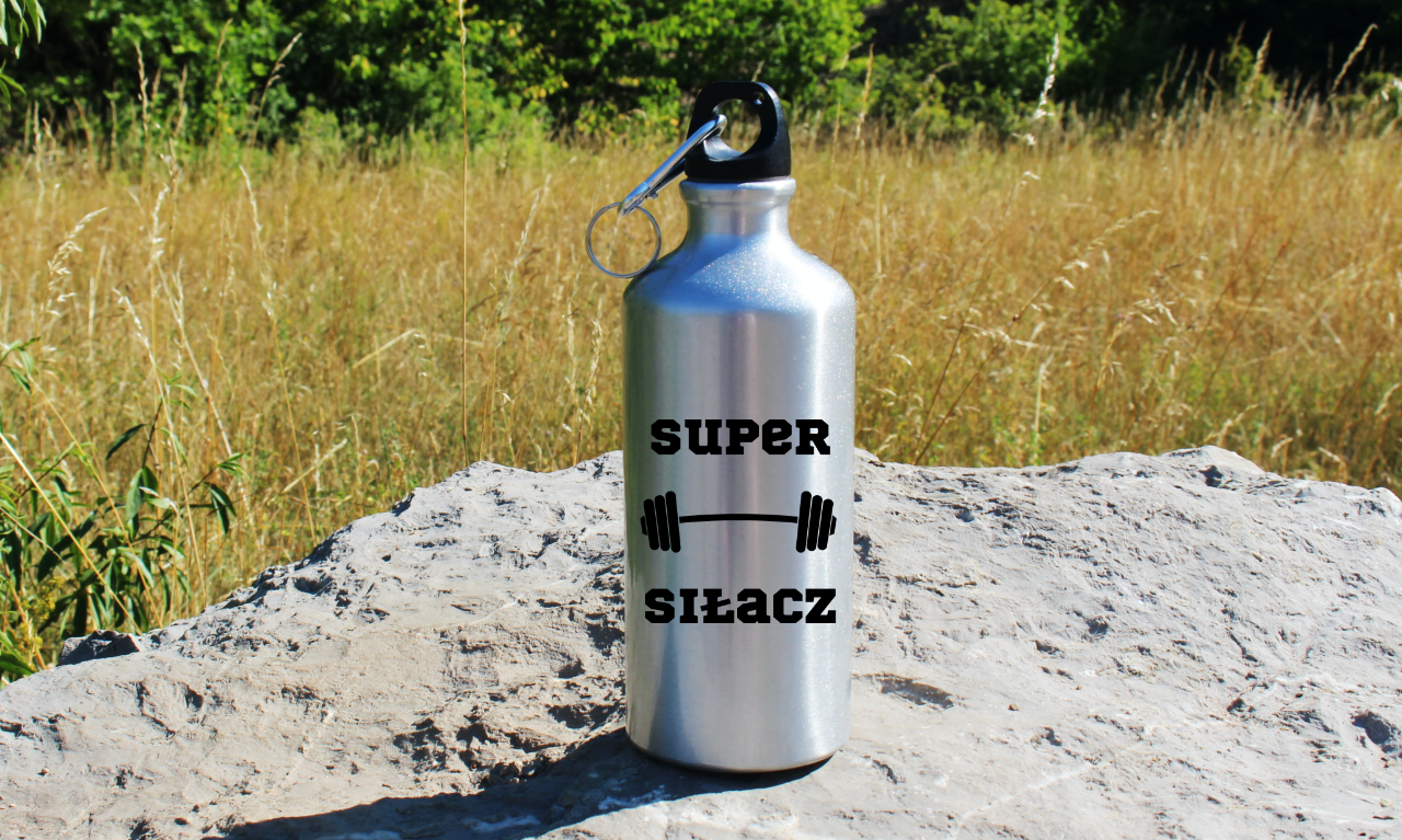Butelka srebrna 500 ml z nadrukiem „Super Siłacz” – na siłownię #3
