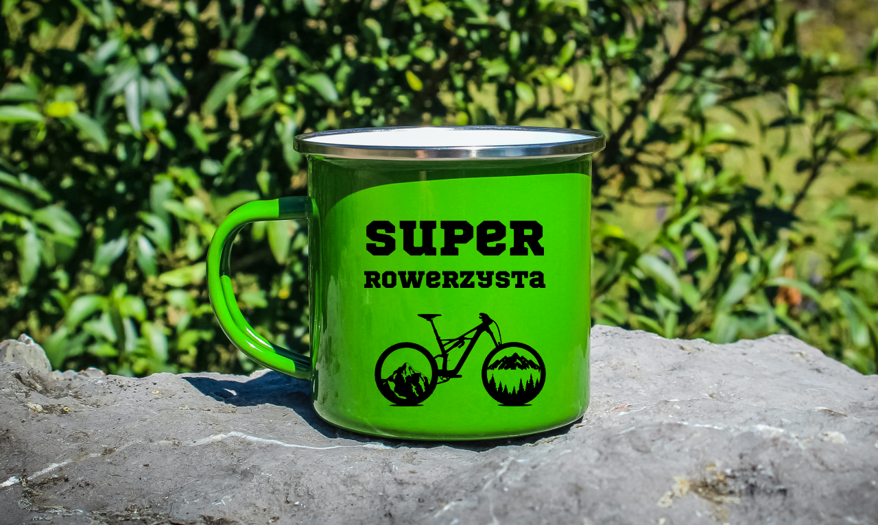 Kubek emaliowany zielony z nadrukiem "Super Rowerzysta" - dla rowerzysty #7