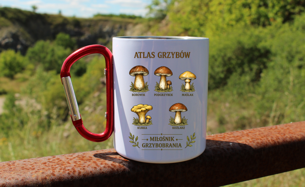 Kubek biały z czerwonym karabińczykiem „Atlas Grzybów” – na grzyby #7
