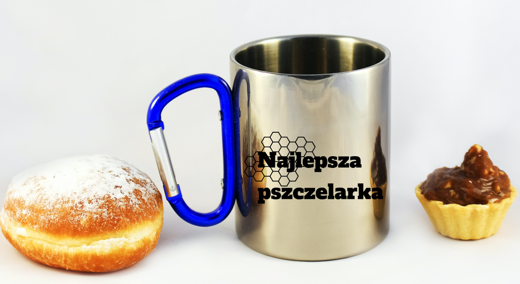 Kubek z niebieskim uchem karabińczykiem z nadrukiem "Najlepsza pszczelarka" #3