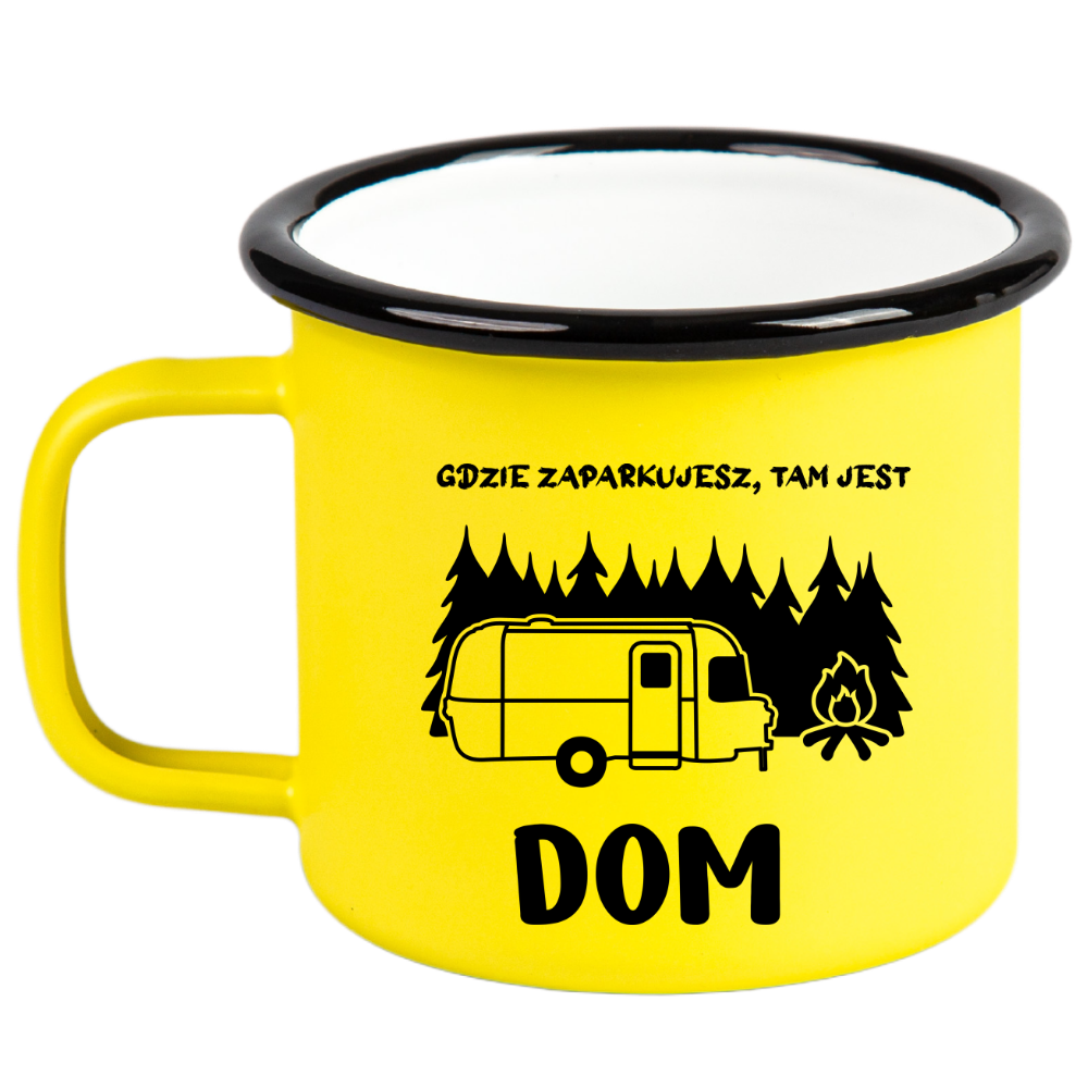 Kubek emaliowany żółty z nadrukiem "Gdzie zaparkujesz, tam jest dom" – camping, pod namiot #5