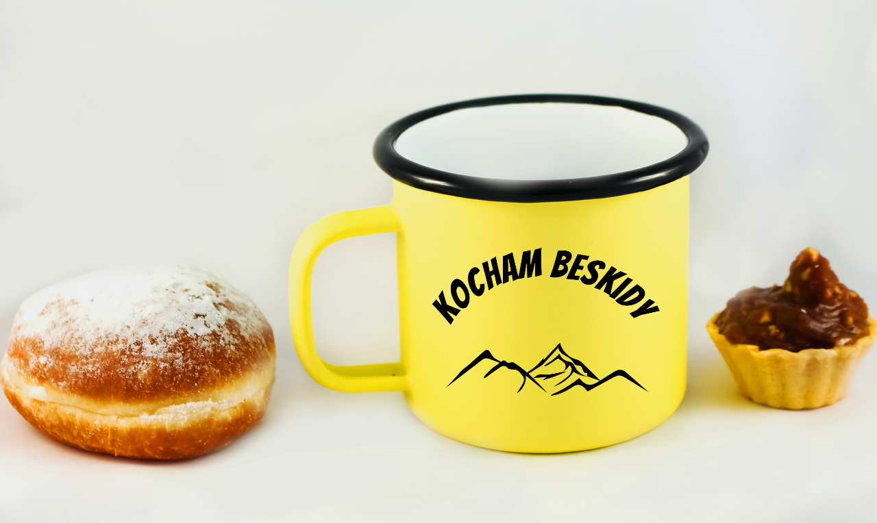 Kubek emaliowany żółty z nadrukiem "Kocham Beskidy" - góry #1