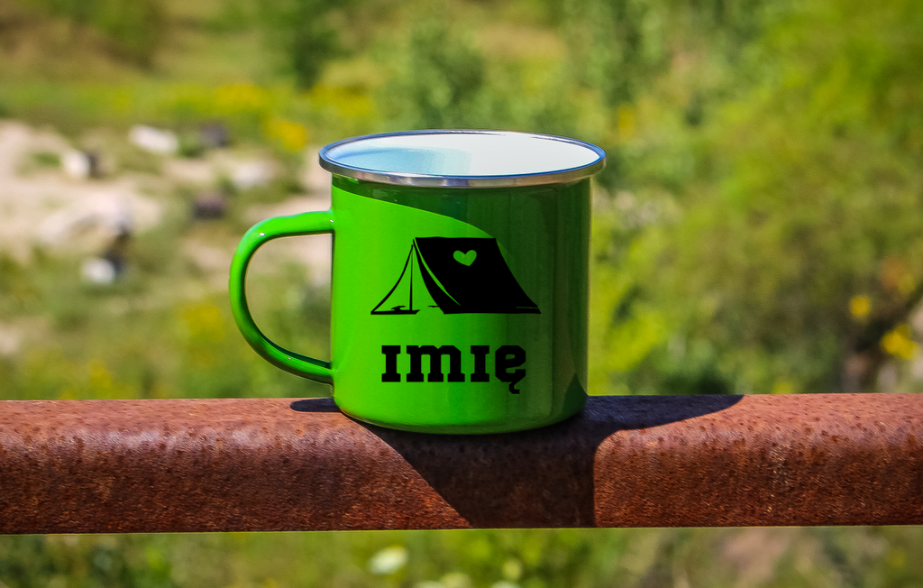 Kubek emaliowany zielony z grafiką namiotu i imieniem do wyboru – camping, pod namiot #4