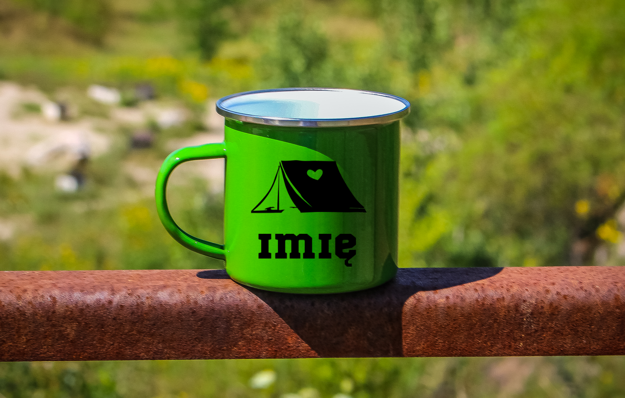 Kubek emaliowany zielony z grafiką namiotu i imieniem do wyboru – camping, pod namiot #4