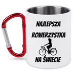 Kubek biały z czerwonym karabińczykiem i nadrukiem "Najlepsza rowerzystka na świecie" – dla rowerzystki #7