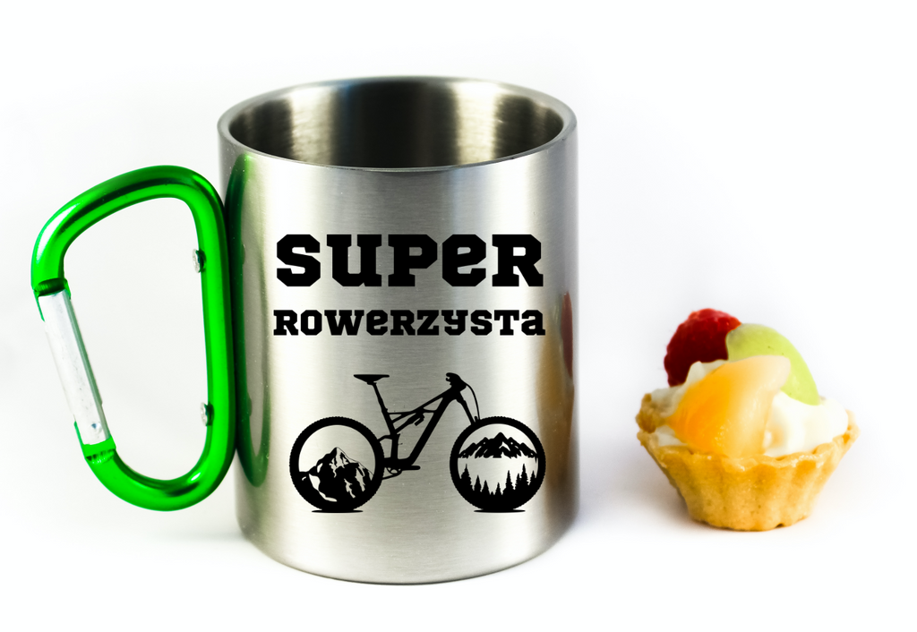 Kubek z zielonym karabińczykiem nadruk "Super Rowerzysta" – rower #8