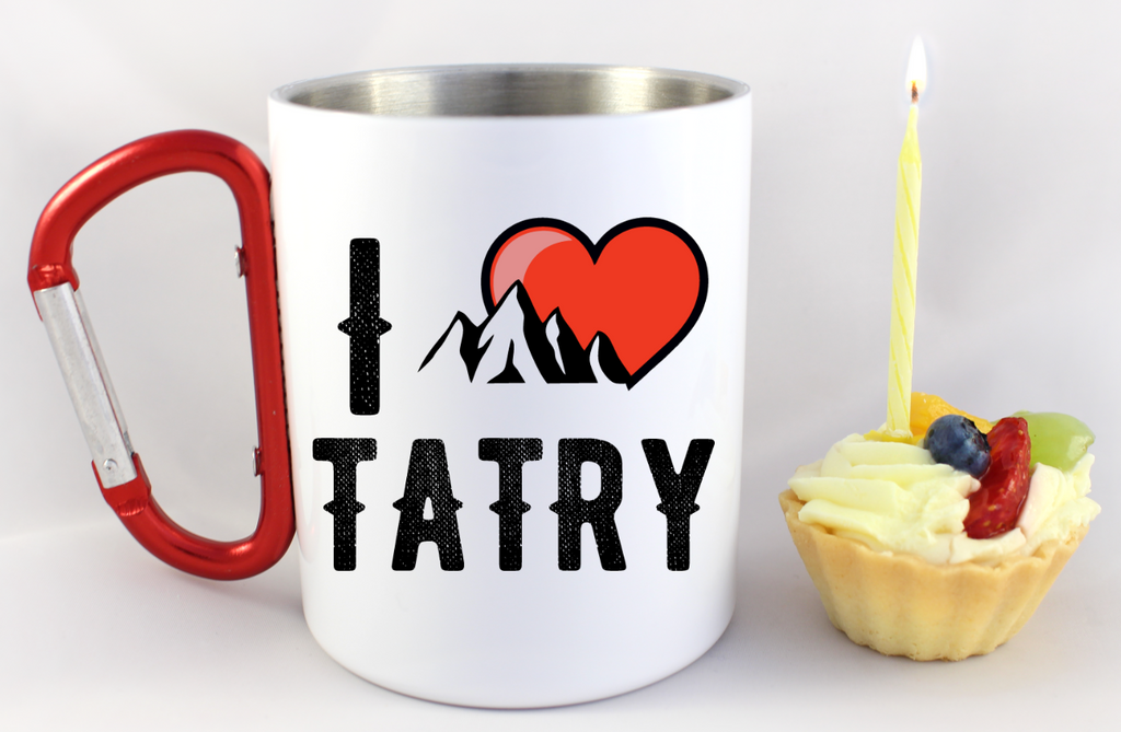 Kubek biały z czerwonym karabińczykiem, nadruk „I love Tatry” – góry #10