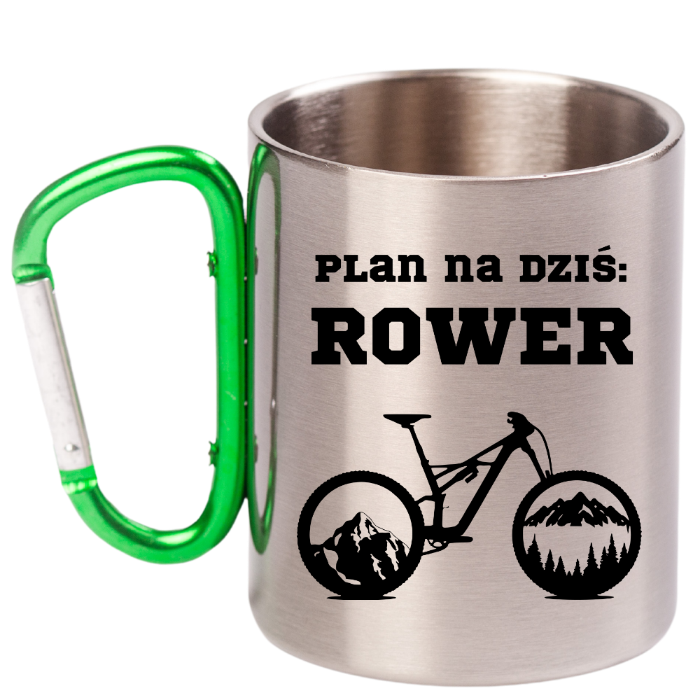 Kubek z zielonym karabińczykiem z nadrukiem „Plan na dziś: rower” – rower #9