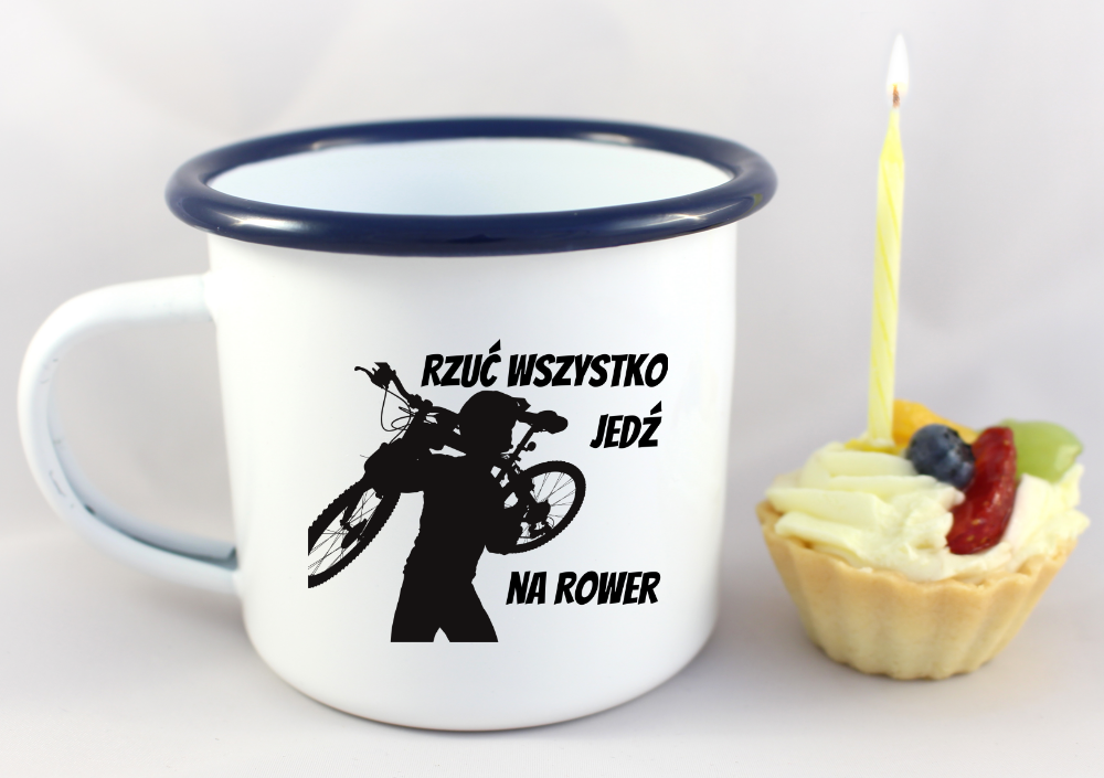 Kubek emaliowane biały z nadrukiem "Rzuć wszystko, jedź na rower" - dla rowerzystów #1