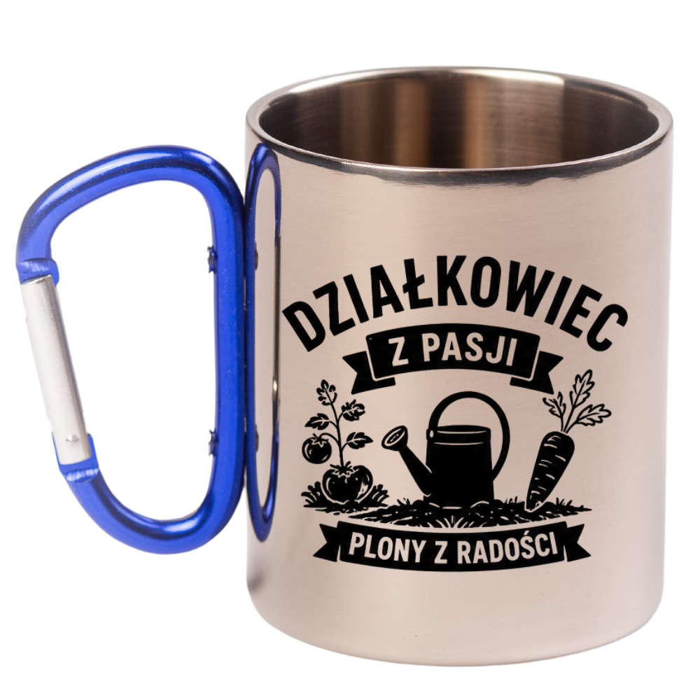 Kubek niebieski z karabińczykiem „Działkowiec z pasji, plony z radości” – na działkę #1