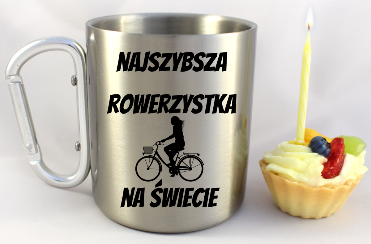 Kubek ze srebrnym karabińczykiem z nadrukiem „Najlepsza rowerzystka na świecie” – dla rowerzystki #1