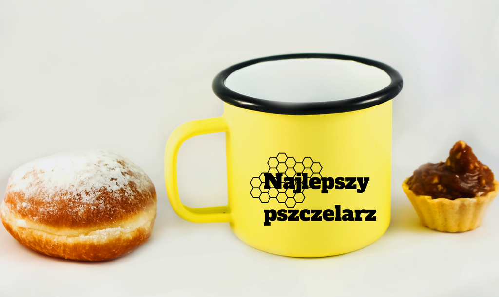 Kubek emaliowany żółty z napisem „Najlepszy Pszczelarz” – pszczelarstwo #4