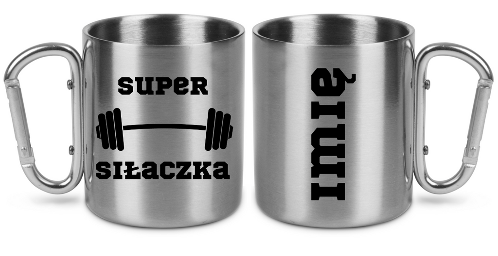 Kubek metalowy srebrny z karabińczykiem i nadrukiem „Super Siłaczka” – na siłownię #2