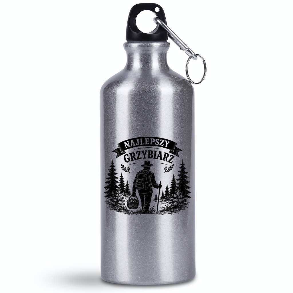 Bidon srebrny 500 ml z nadrukiem „Najlepszy Grzybiarz” – na grzyby #4