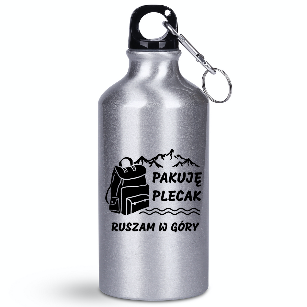 Butelka srebrna 400 ml z nadrukiem „Pakuję plecak, ruszam w góry #2