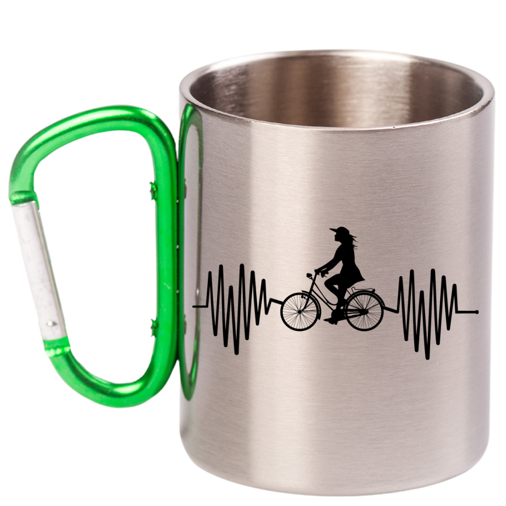 Kubek z zielonym karabińczykiem „Rowerowe EKG, linia życia” – dla rowerzystki #3