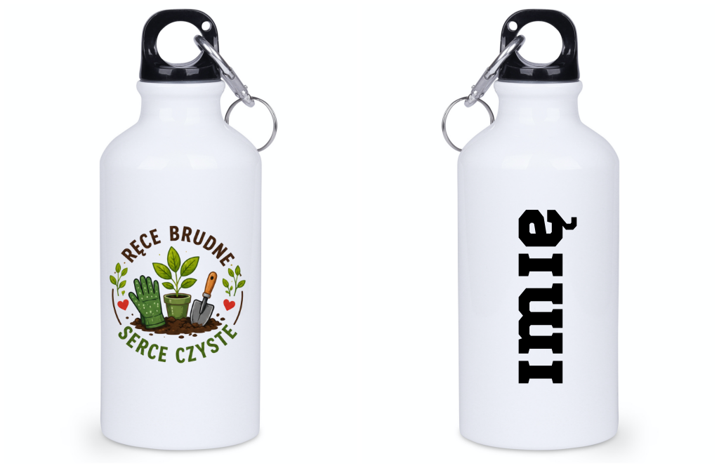 Butelka biała 400 ml z nadrukiem „Ręce brudne, serce czyste” – ogród, działka #1