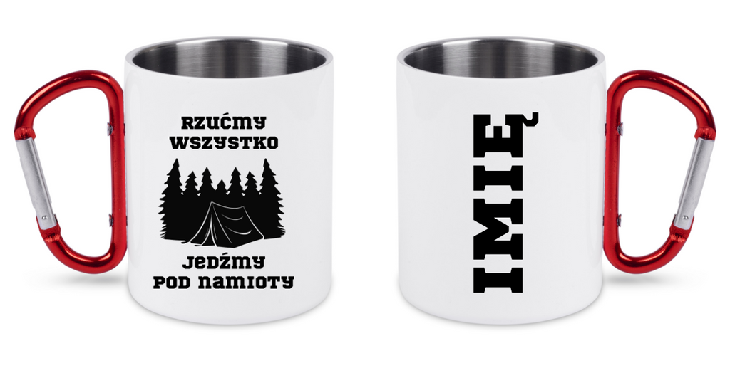 Kubek biały z czerwonym karabińczykiem z nadrukiem „Rzućmy wszystko, jedźmy pod namiot” – camping, namiot #10