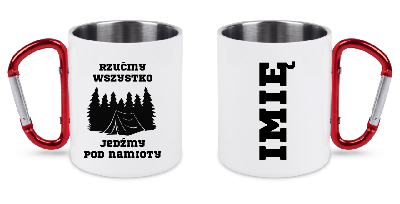 Kubek biały z czerwonym karabińczykiem z nadrukiem „Rzućmy wszystko, jedźmy pod namiot” – camping, namiot #10
