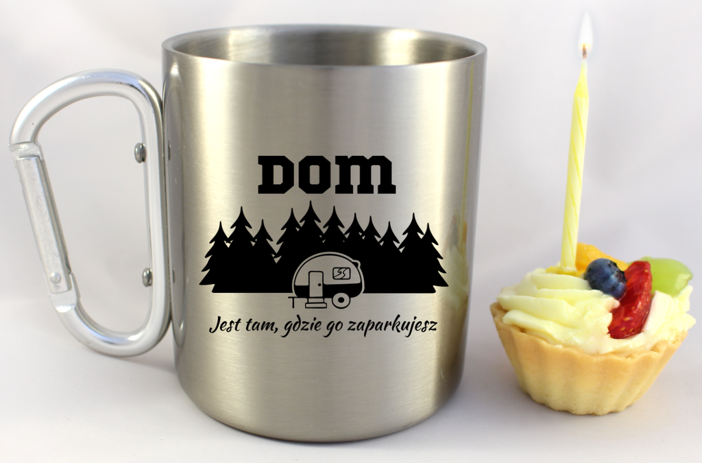 Kubek karabińczyk srebrny z nadrukiem „Dom jest tam, gdzie go zaparkujesz” – camper, namiot #6