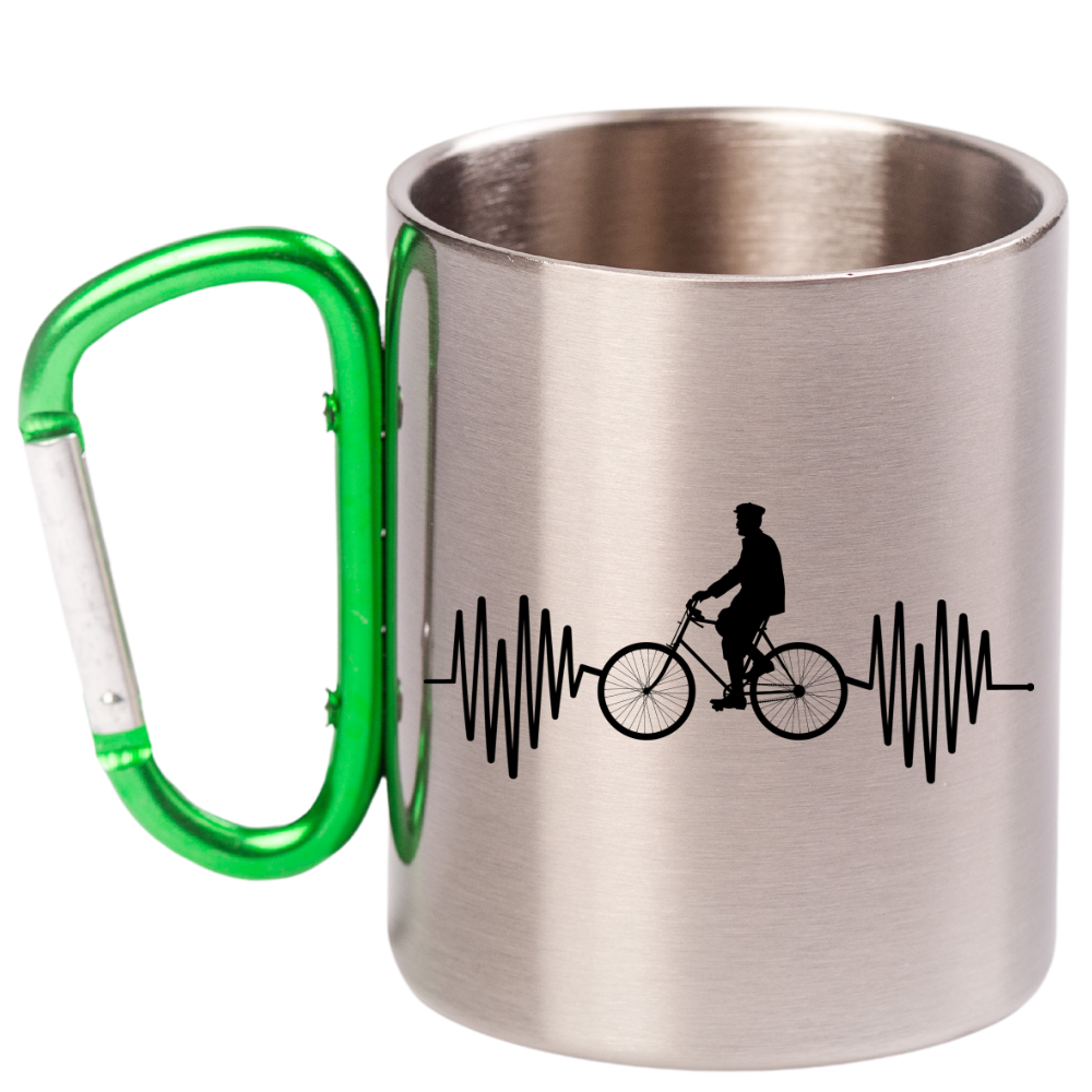 Kubek z zielonym karabińczykiem „Rowerowe EKG, linia życia” – dla rowerzysty #1