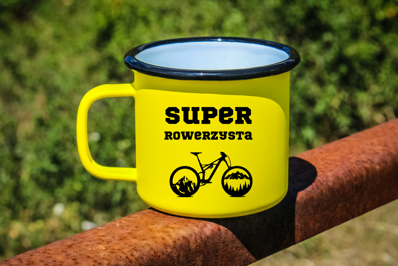 Kubek emaliowany żółty z nadrukiem "Super Rowerzysta" – dla rowerzysty #8