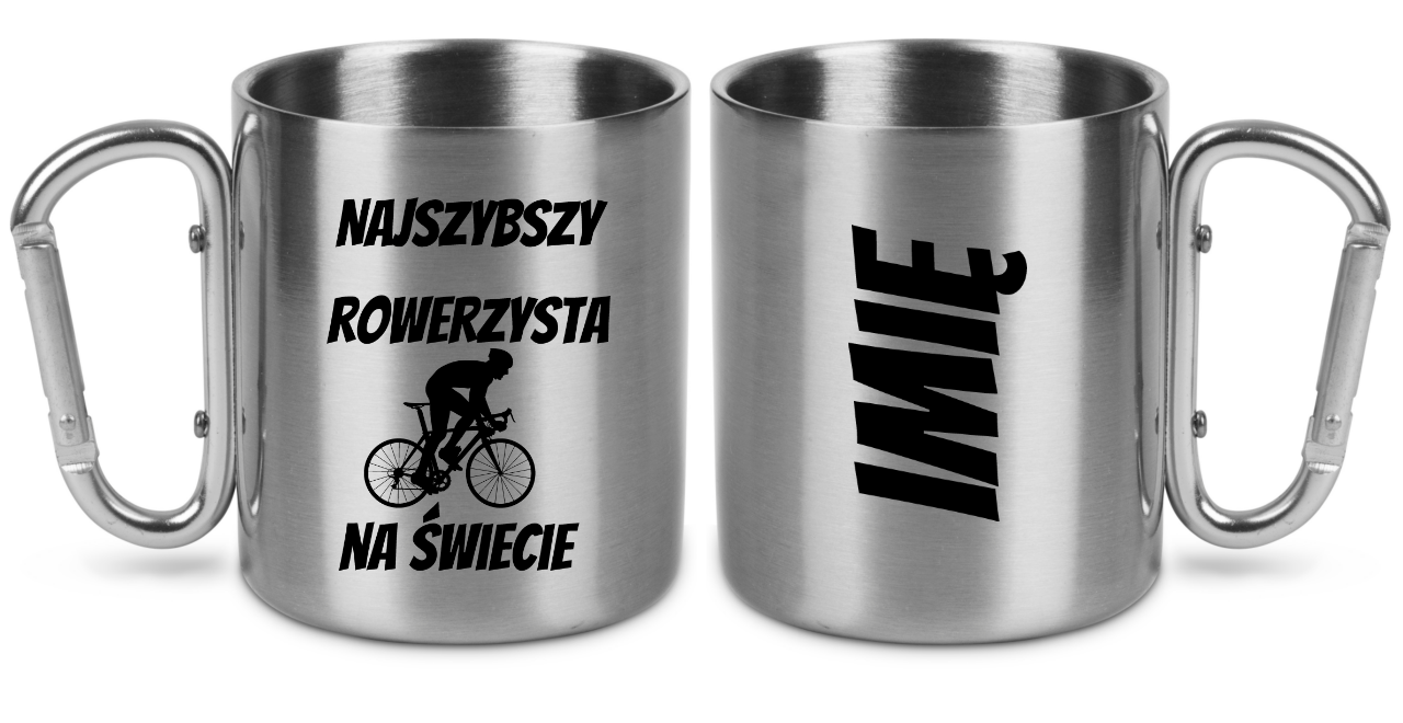 Kubek ze srebrnym karabińczykiem z nadrukiem „Najszybszy rowerzysta na świecie” – dla rowerzysty #12