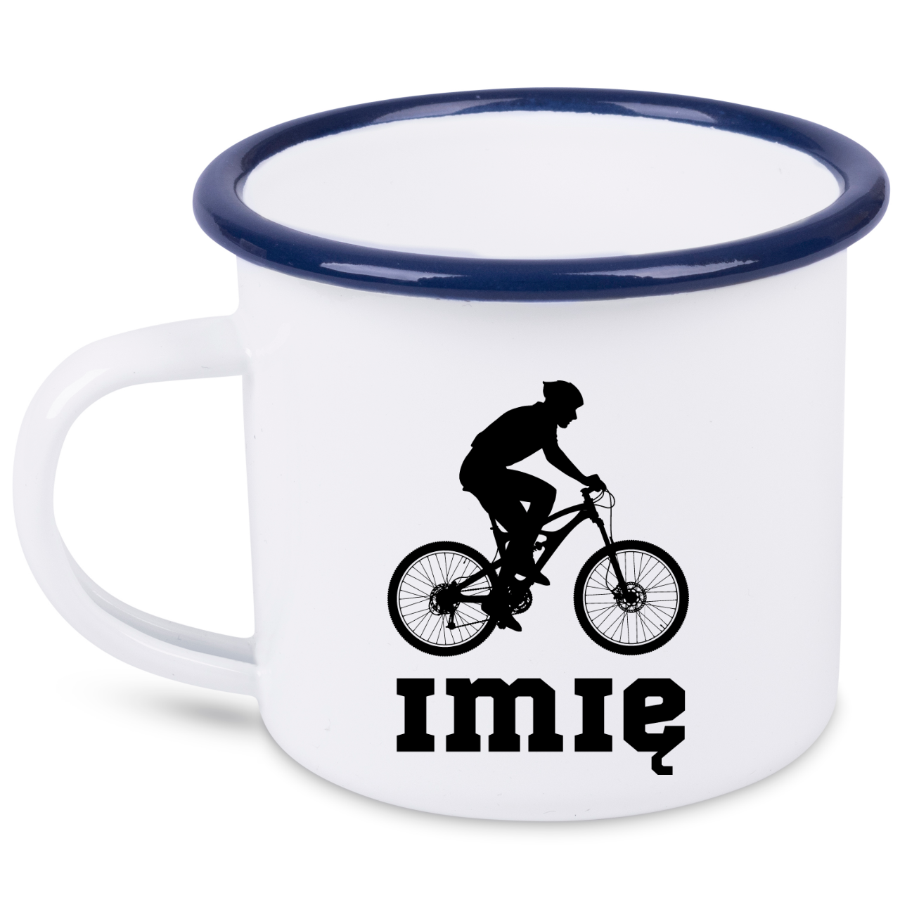 Kubek emaliowany biały z grafiką rowerową i imieniem do wyboru – dla rowerzysty #5