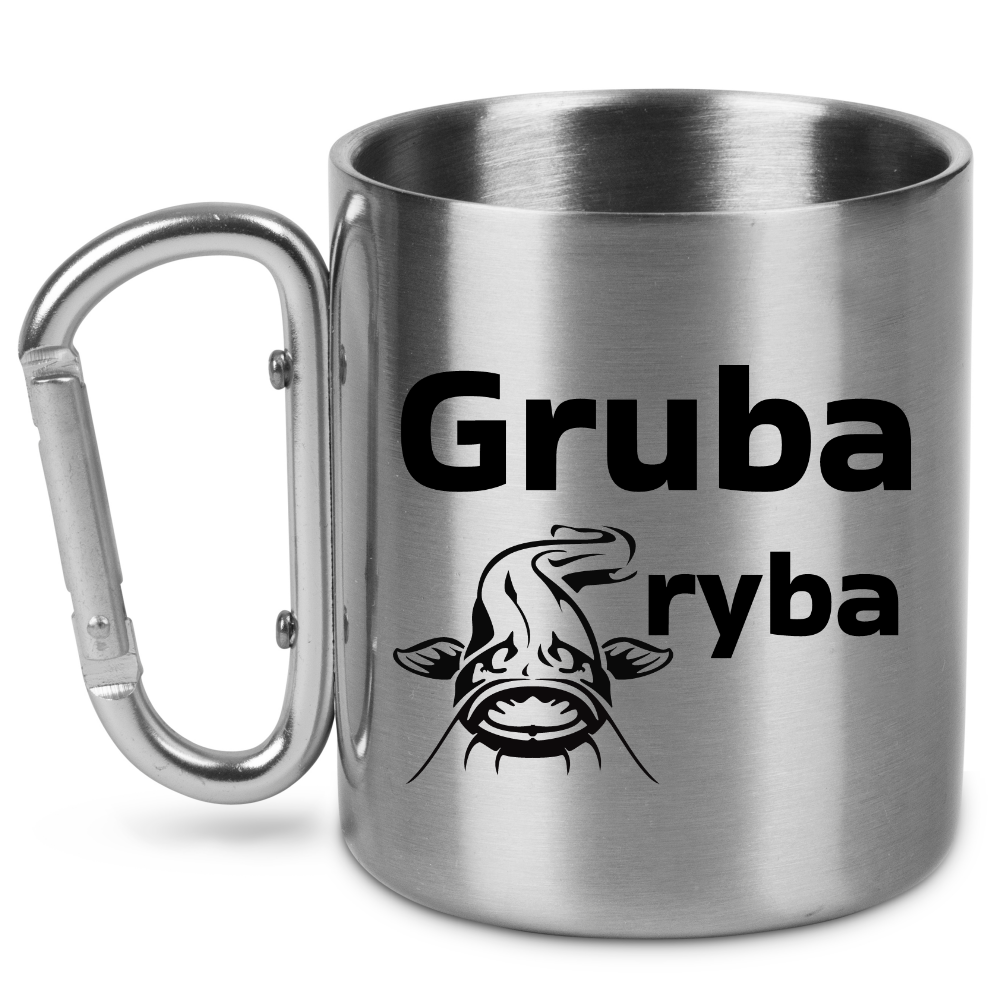 Kubek ze srebrnym karabińczykiem i nadrukiem „Gruba ryba” – wędkarstwo #11