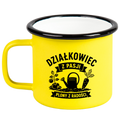 Kubek emaliowany żółty z nadrukiem „Działkowiec z pasji, plony z radości” – działka, ogród #5