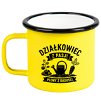 Kubek emaliowany żółty z nadrukiem „Działkowiec z pasji, plony z radości” – działka, ogród #5