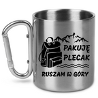 Kubek karabińczyk srebrny z nadrukiem „Pakuję plecak, ruszam w góry” #2