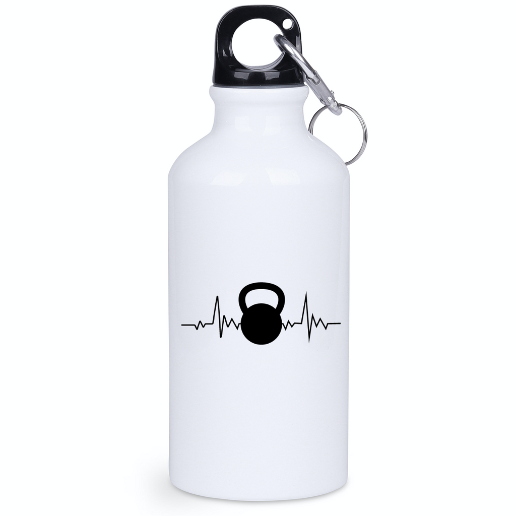 Bidon biały 400 ml na siłownię z nadrukiem kettlebella i linią życia – siłownia #4