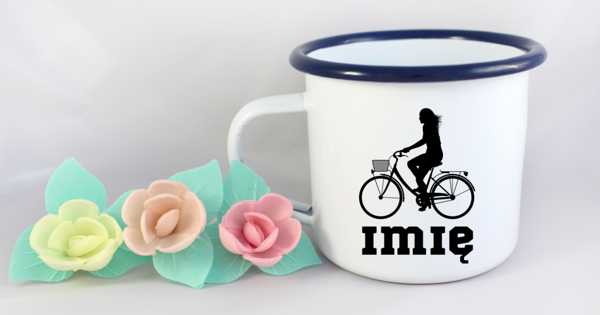 Kubek emaliowany biały z grafiką rowerową i imieniem do wyboru – dla rowerzystki #6