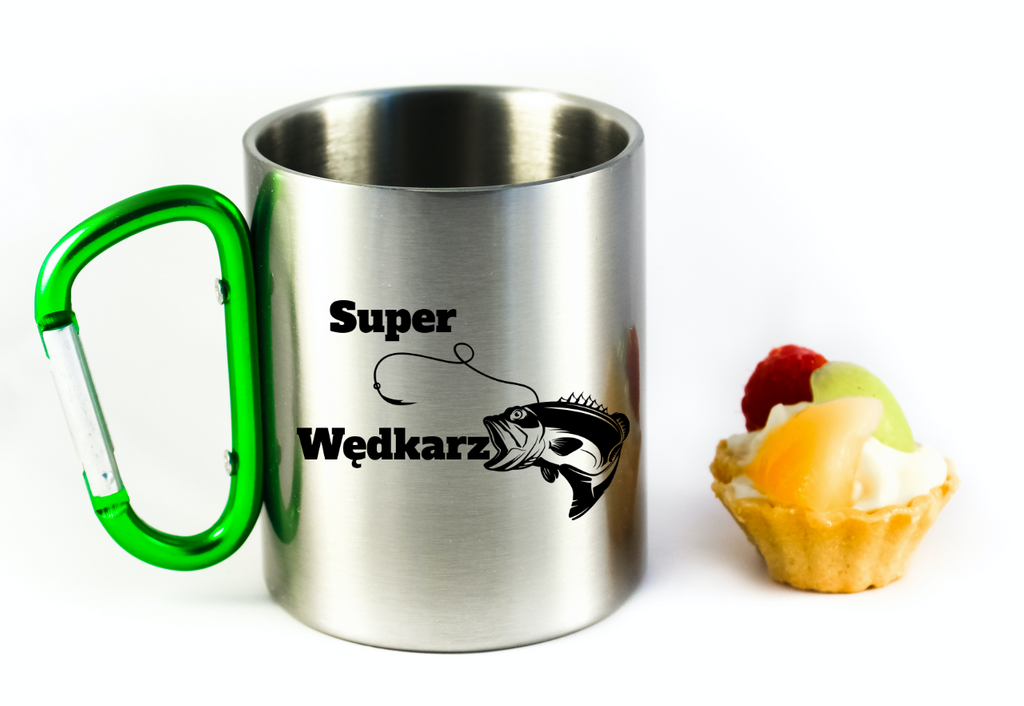 Kubek metalowy 300 ml z zielonym karabińczykiem i nadrukiem "Super Wędkarz" – wędkarstwo #5