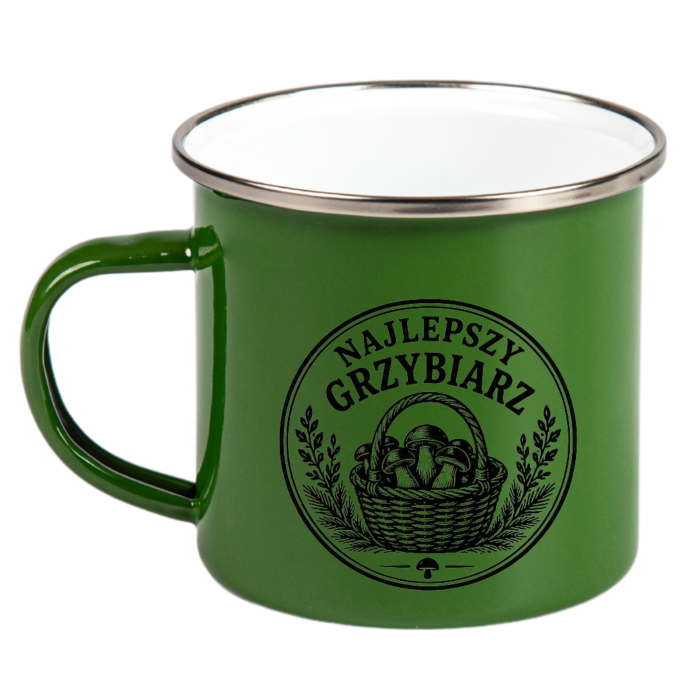 Kubek emaliowany zielony z nadrukiem „Najlepszy Grzybiarz” – na grzyby #2