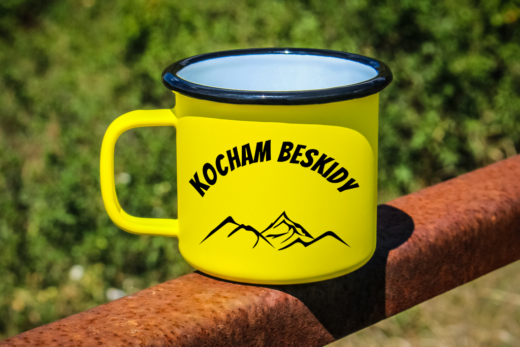 Kubek emaliowany żółty z nadrukiem "Kocham Beskidy" - góry #1