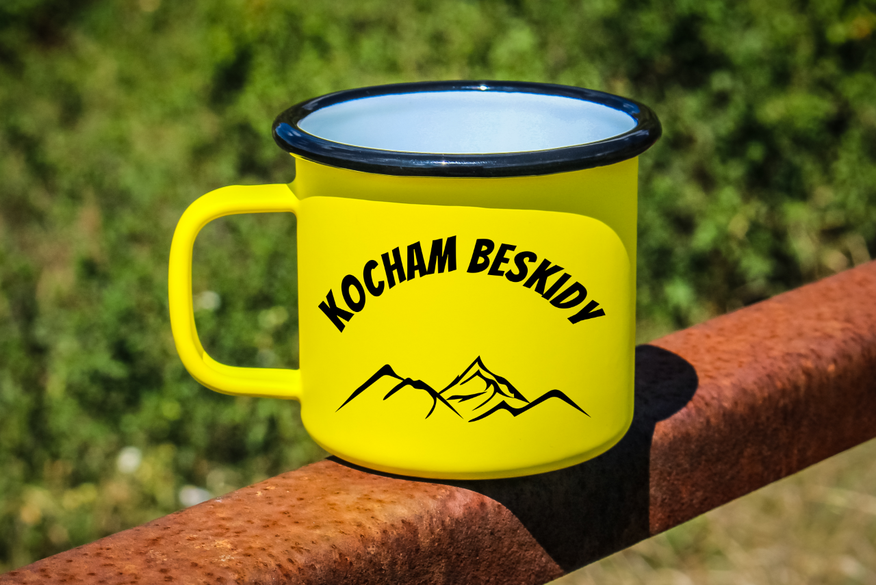 Kubek emaliowany żółty z nadrukiem "Kocham Beskidy" - góry #1