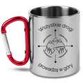 Kubek z czerwonym karabińczykiem i nadrukiem "Wszystkie drogi prowadzą w góry" #7