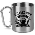 Kubek metalowy z karabińczykiem i nadrukiem "Działkowiec z pasji, plony z radości" - na działkę #1