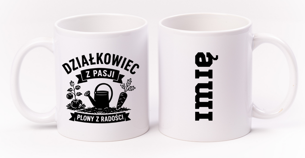 Kubek biały z nadrukiem „Działkowiec z pasji, plony z radości” – ogród, działka #5
