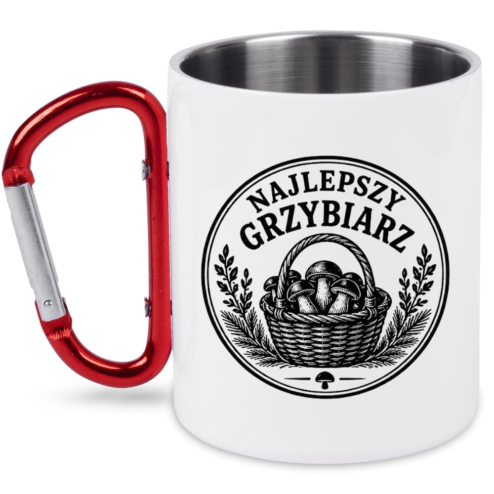 Kubek biały z czerwonym karabińczykiem „Najlepszy Grzybiarz” – na grzyby #2
