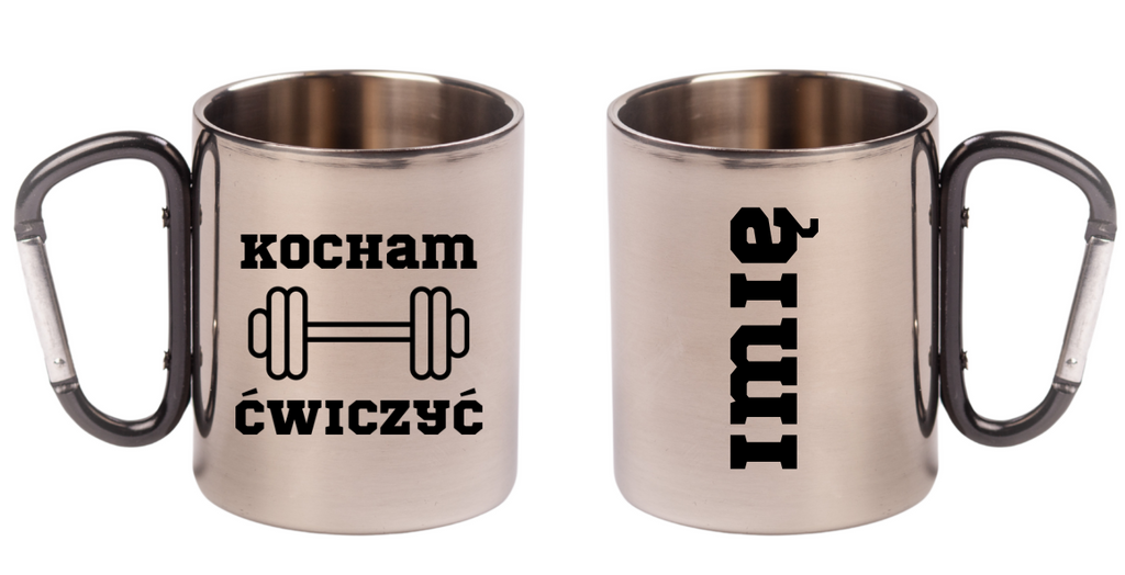 Kubek czarny karabińczyk z nadrukiem "Kocham Ćwiczyć" – siłownia #2