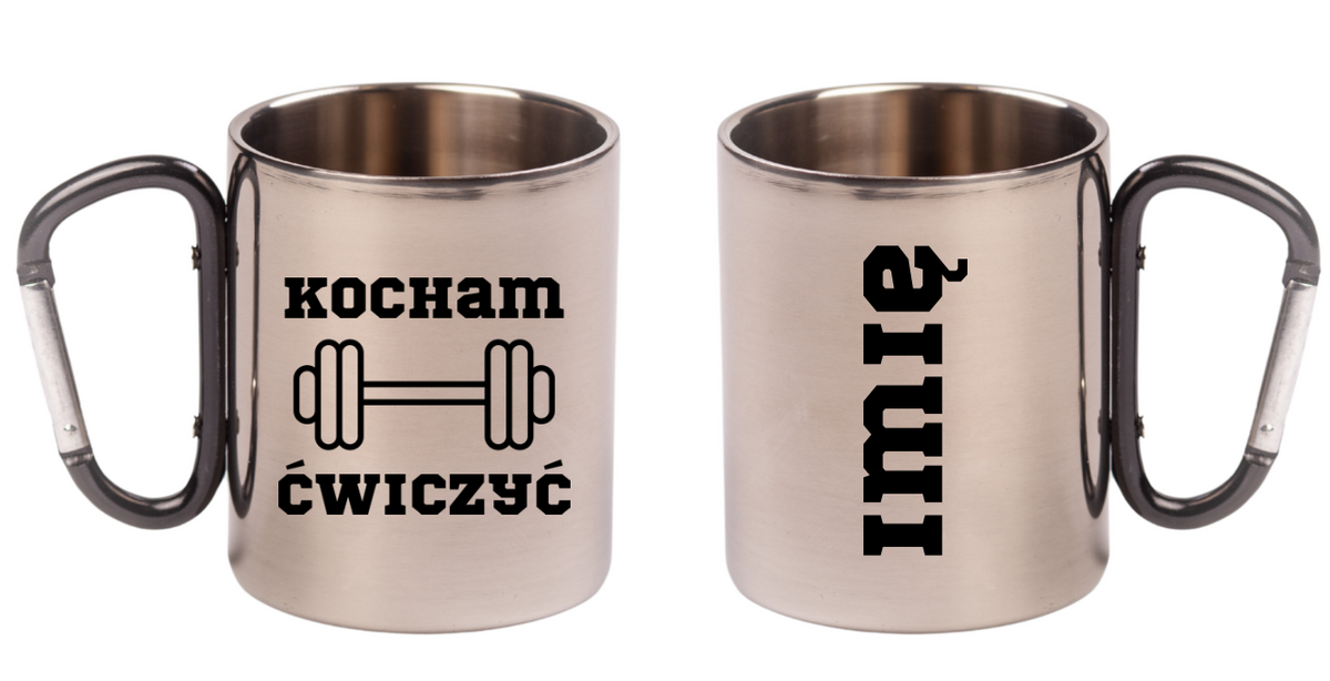 Kubek czarny karabińczyk z nadrukiem "Kocham Ćwiczyć" – siłownia #2